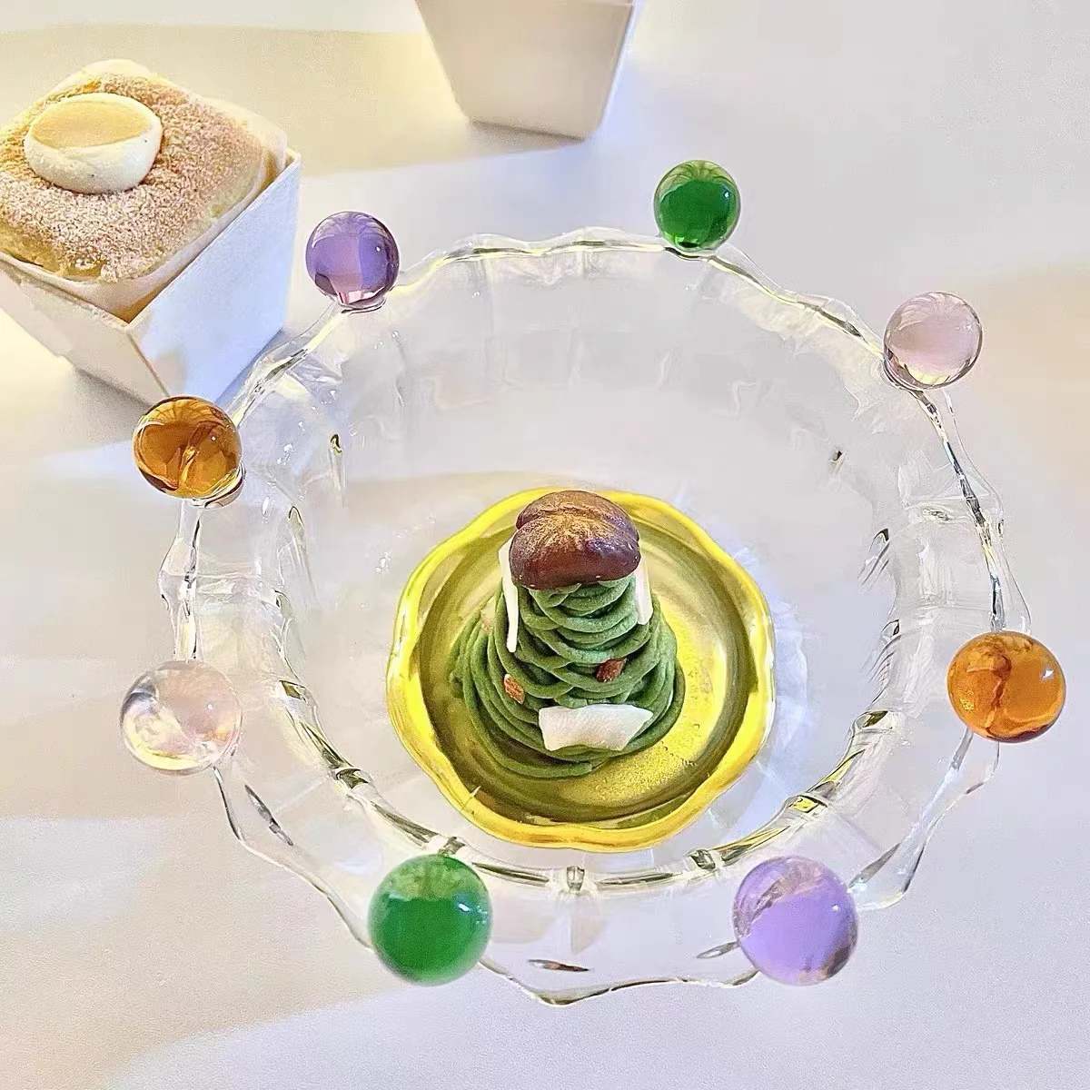 Wavy Flower Shaped Glass Dessert Bowl with Colorful Beads