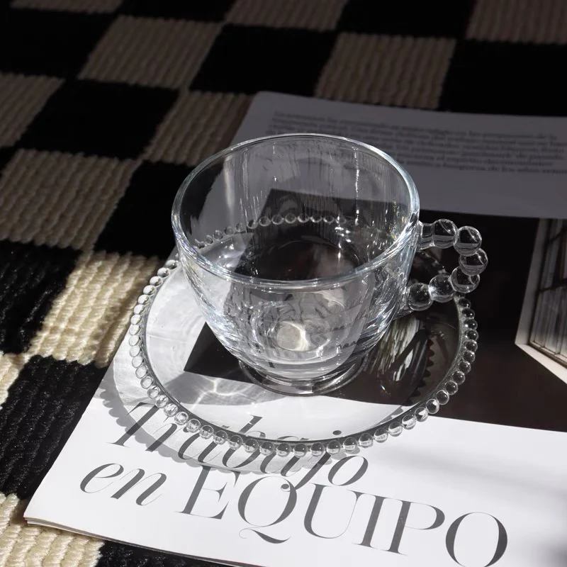 Raindrop Beads Handle Clear Glass Coffee Cup and Saucer