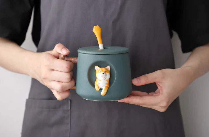 Cute 3D Shiba Inu Ceramic Coffee Mug with Lid