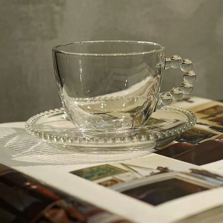 Raindrop Beads Handle Clear Glass Coffee Cup and Saucer
