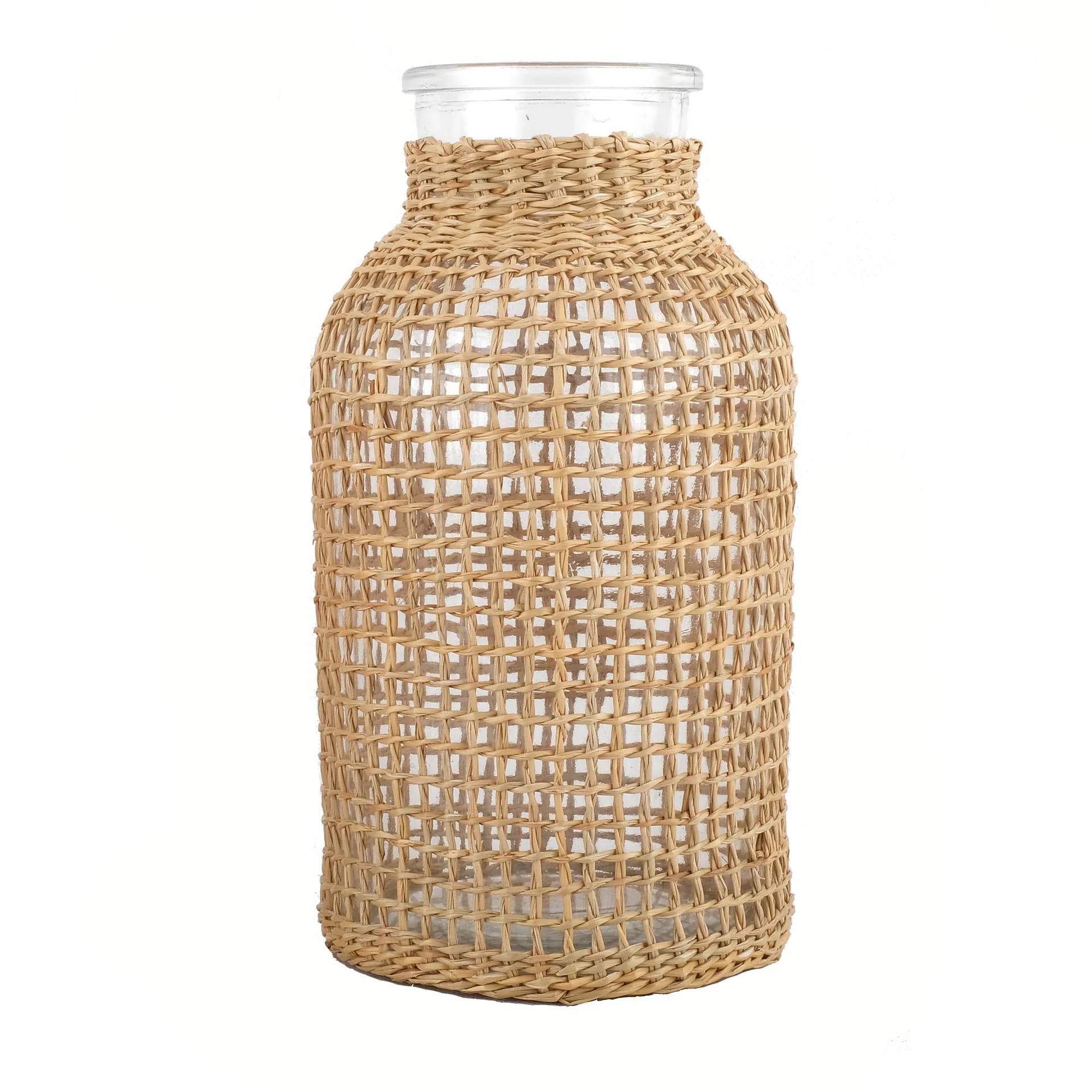 Large Flower Glass Vase with Hand Woven Straw Cover