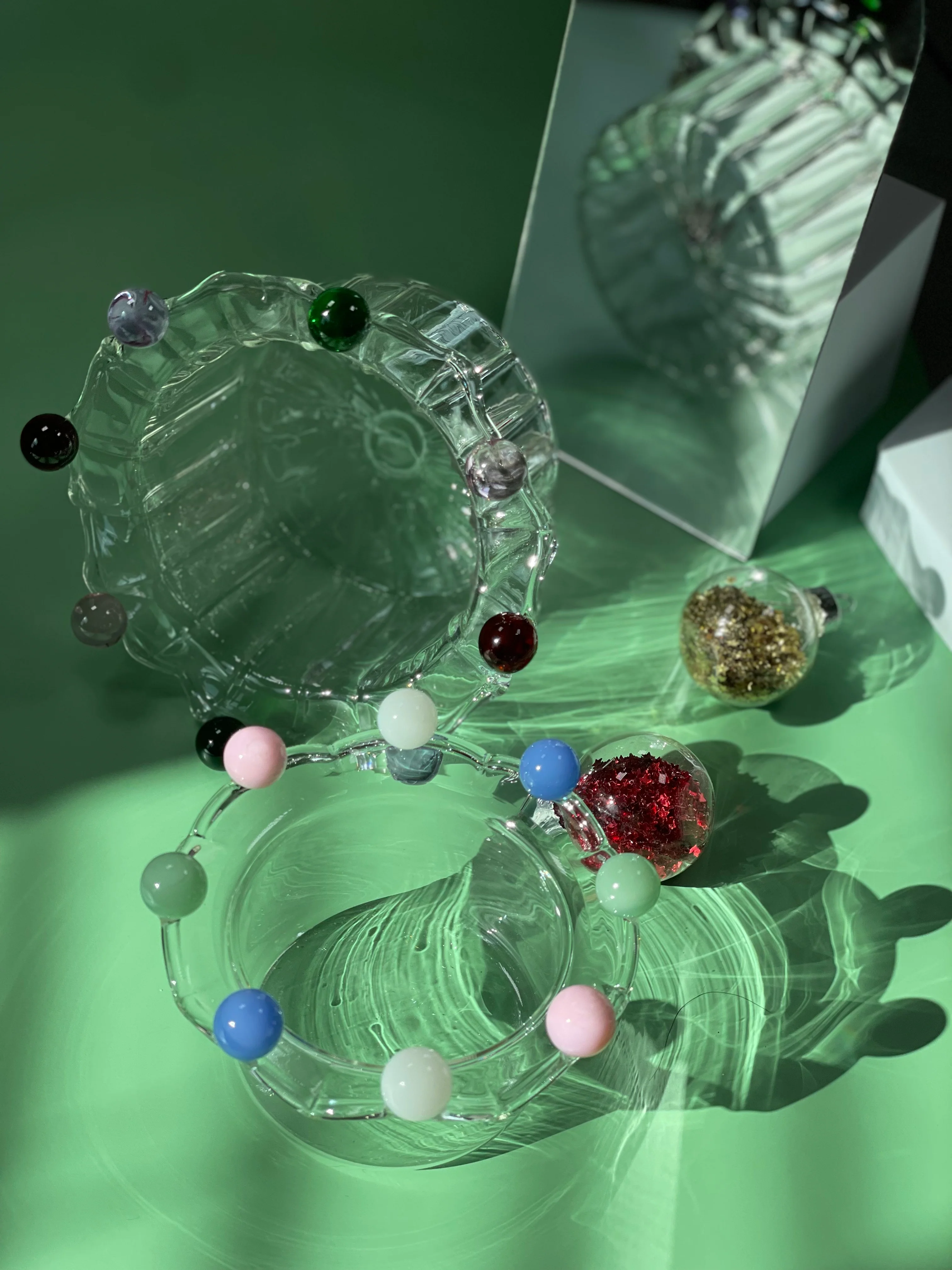 Wavy Flower Shaped Glass Dessert Bowl with Colorful Beads