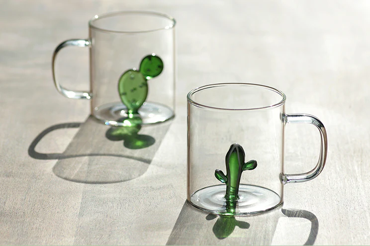 Glass Coffee Mugs with 3D cactus on the bottom