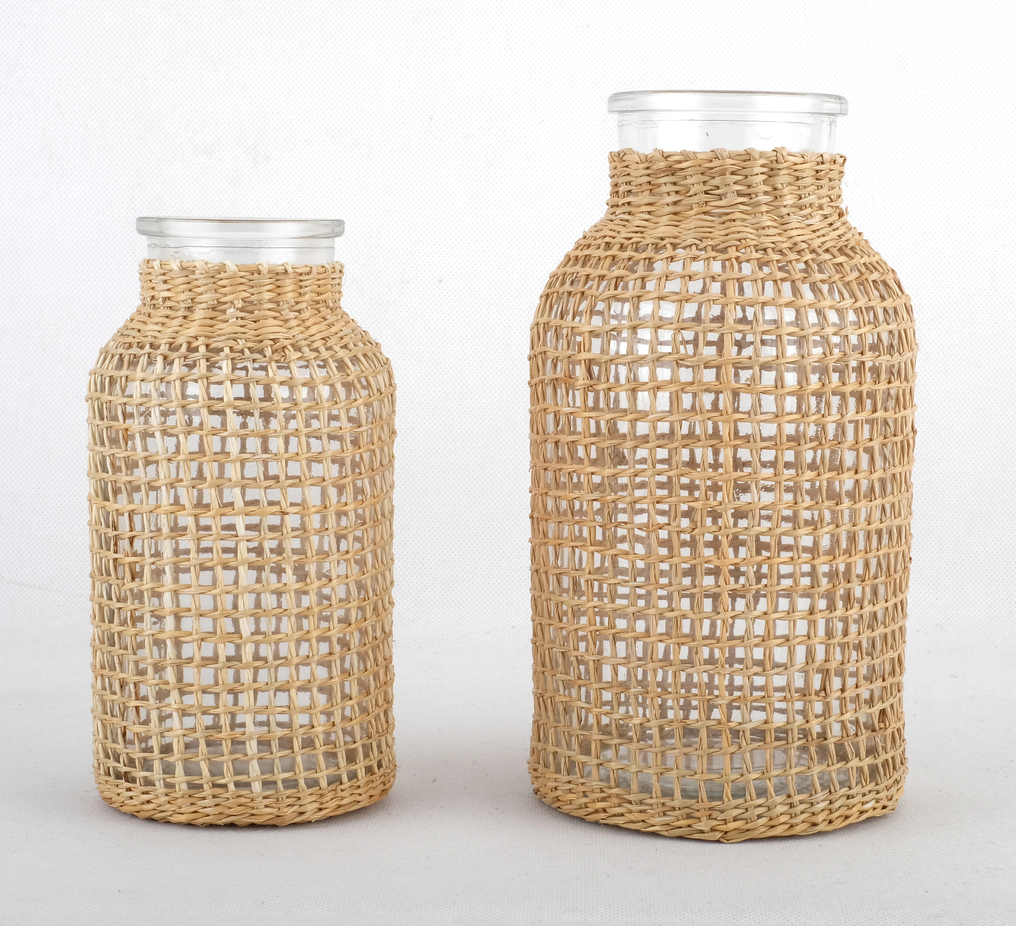 Large Flower Glass Vase with Hand Woven Straw Cover