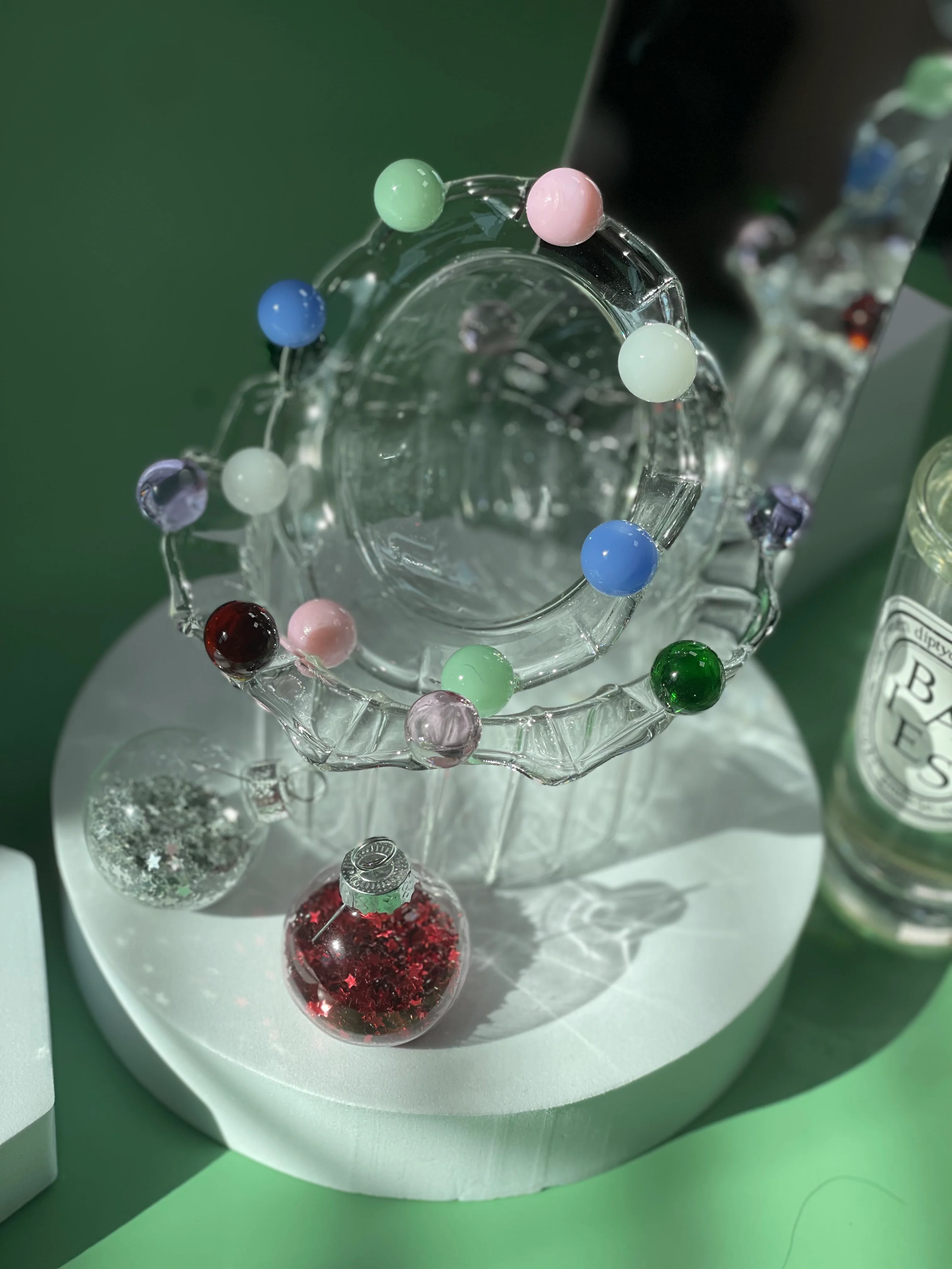 Wavy Flower Shaped Glass Dessert Bowl with Colorful Beads