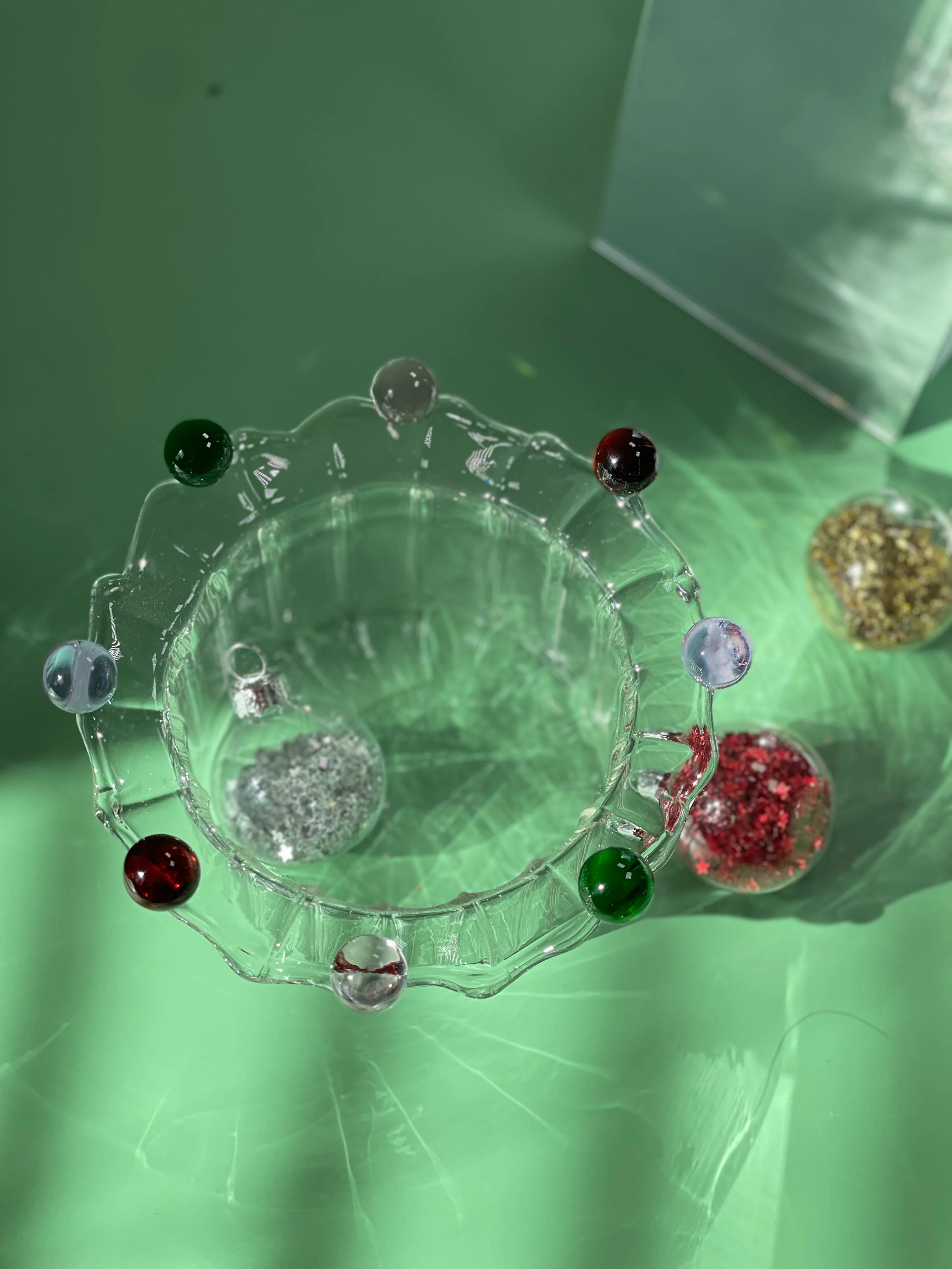 Wavy Flower Shaped Glass Dessert Bowl with Colorful Beads