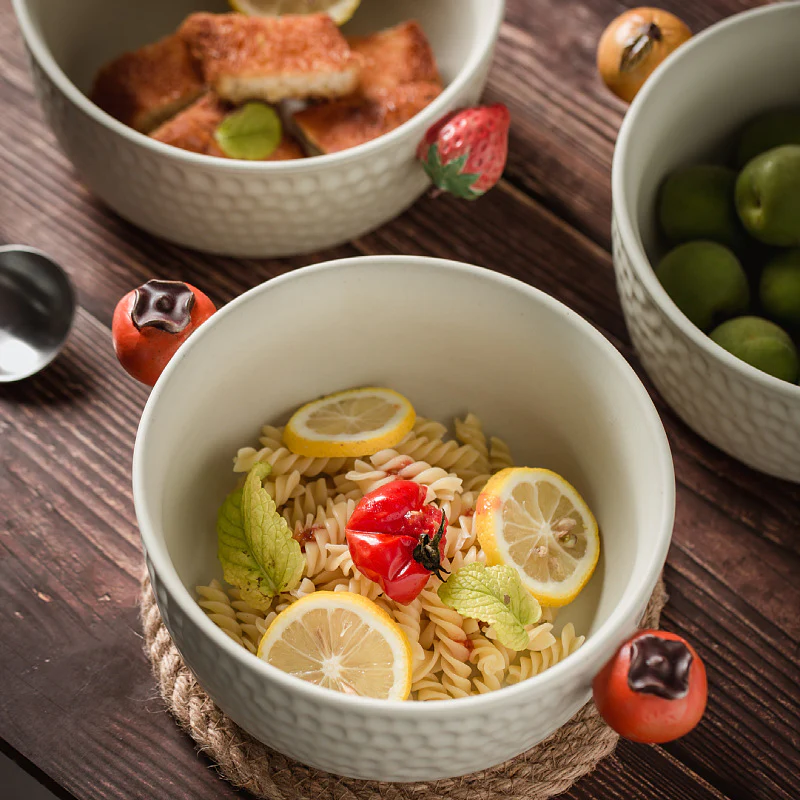 Handcrafted Patterned Ceramic Meal Bowl with Fruit Handles
