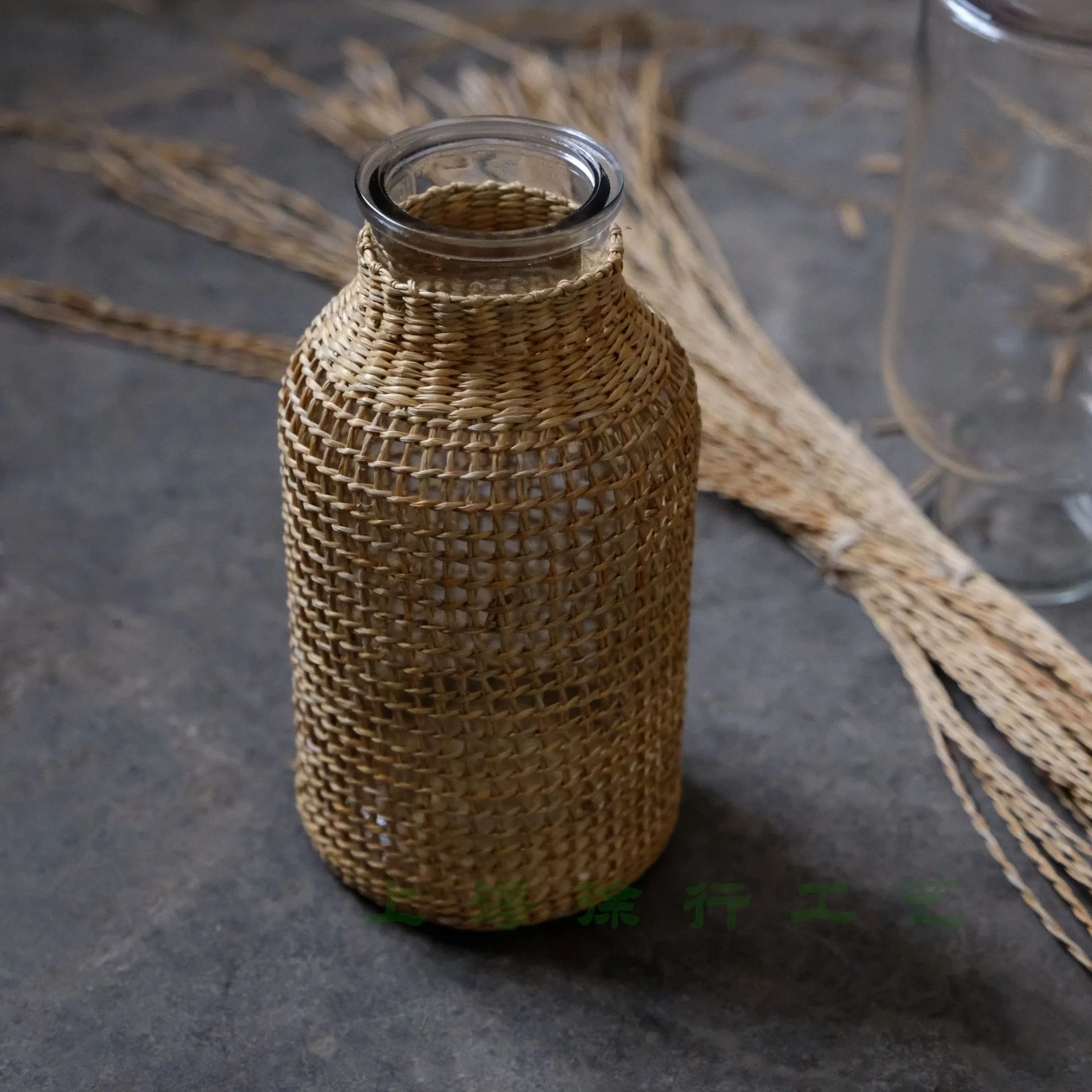 Large Flower Glass Vase with Hand Woven Straw Cover