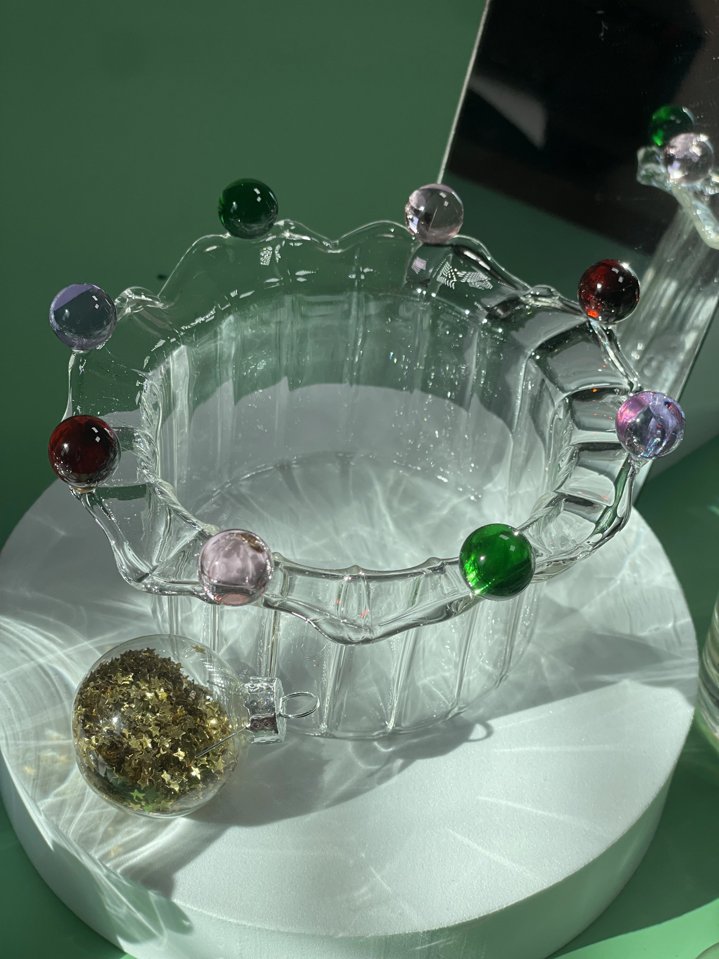 Wavy Flower Shaped Glass Dessert Bowl with Colorful Beads