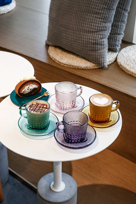 Textured Colored Glass Coffee Cups and Saucer