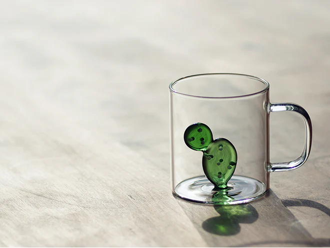 Glass Coffee Mugs with 3D cactus on the bottom