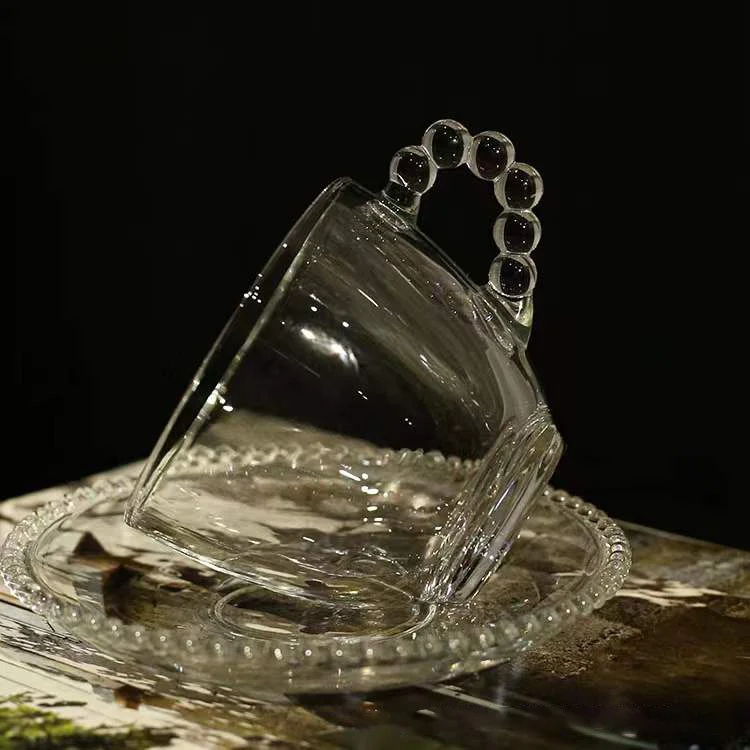 Raindrop Beads Handle Clear Glass Coffee Cup and Saucer