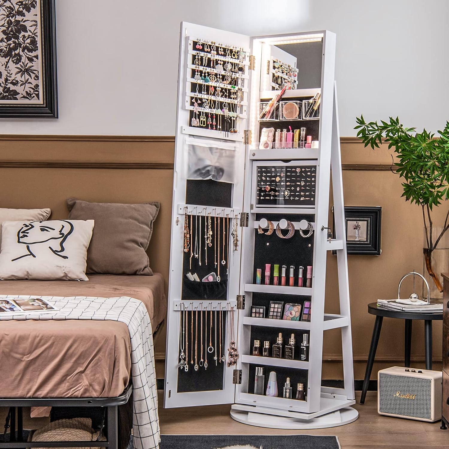 Jewelry Armoire with Full Length Mirror 360° Swivel, 3-Color LED lights, Rear Storage Shelves, Lockable Standing Jewelry Cabinet Organizer with Large Storage Capacity
