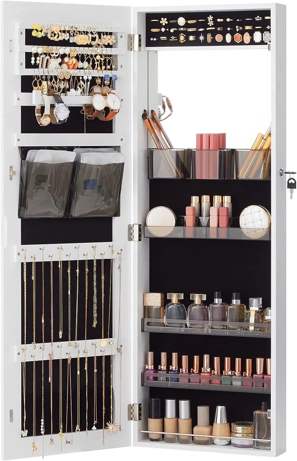 Jewelry Cabinet Armoire, Wall/Door Mount Storage Organizer with Full-Length Frameless Mirror, Lockable Cabinet with Built-in Small Mirror, Shelves, Gift Idea, White