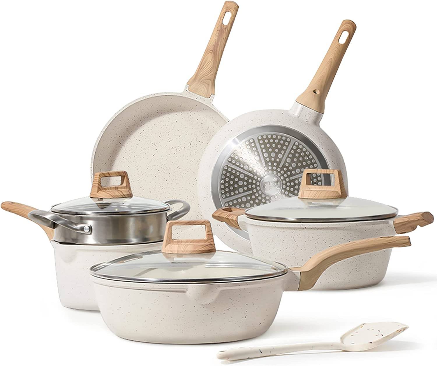 Pots and Pans Set Nonstick, White Granite Induction Kitchen Cookware Sets, 10 Pcs Non Stick Cooking Set w/Frying Pans & Saucepans(PFOS, PFOA Free)