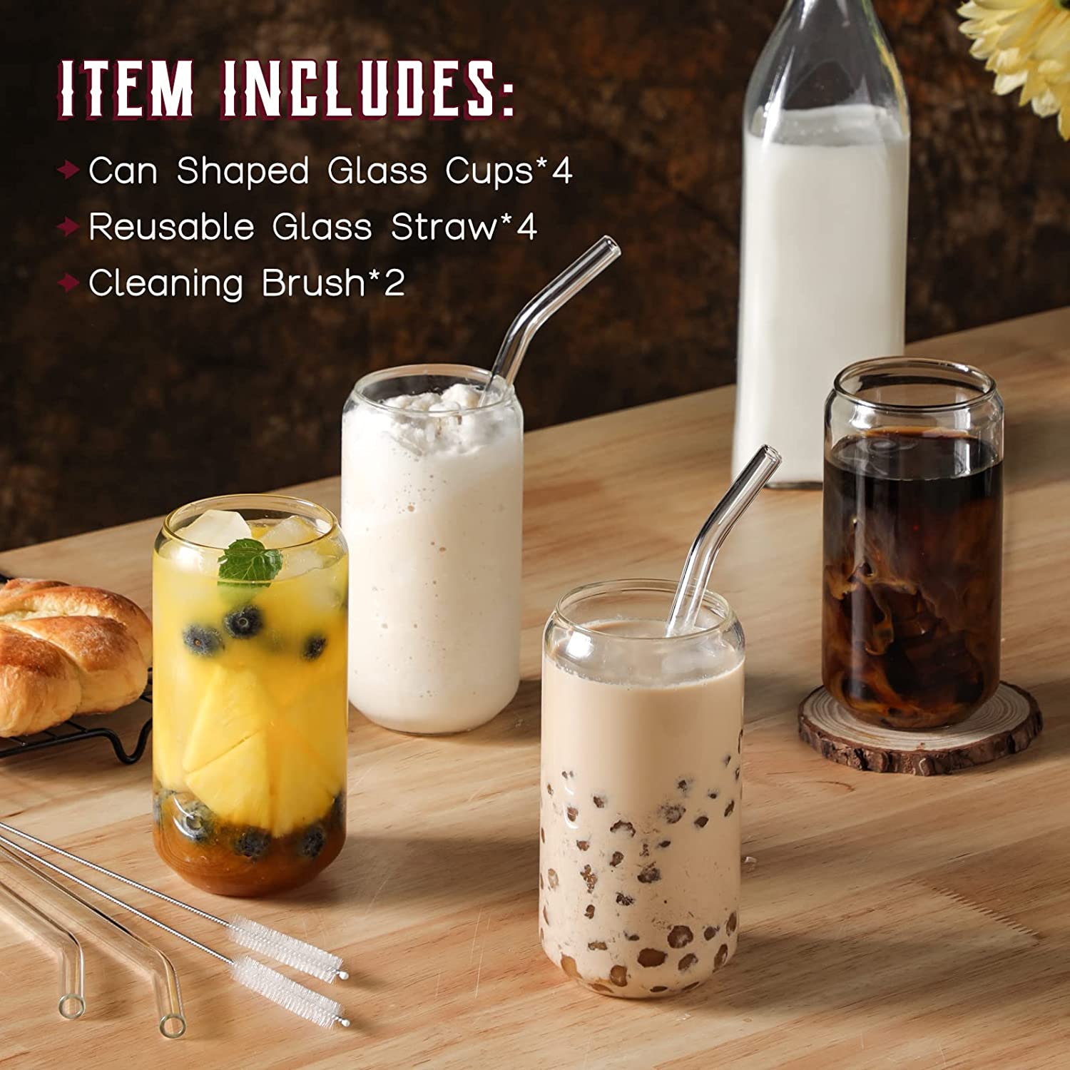 Drinking Glasses with Glass Straw 4pcs Set - 16oz Can Shaped Glass Cups, Beer Glasses, Iced Coffee Glasses, Cute Tumbler Cup, Ideal for Whiskey, Soda, Tea, Water, Gift - 2 Cleaning Brushes