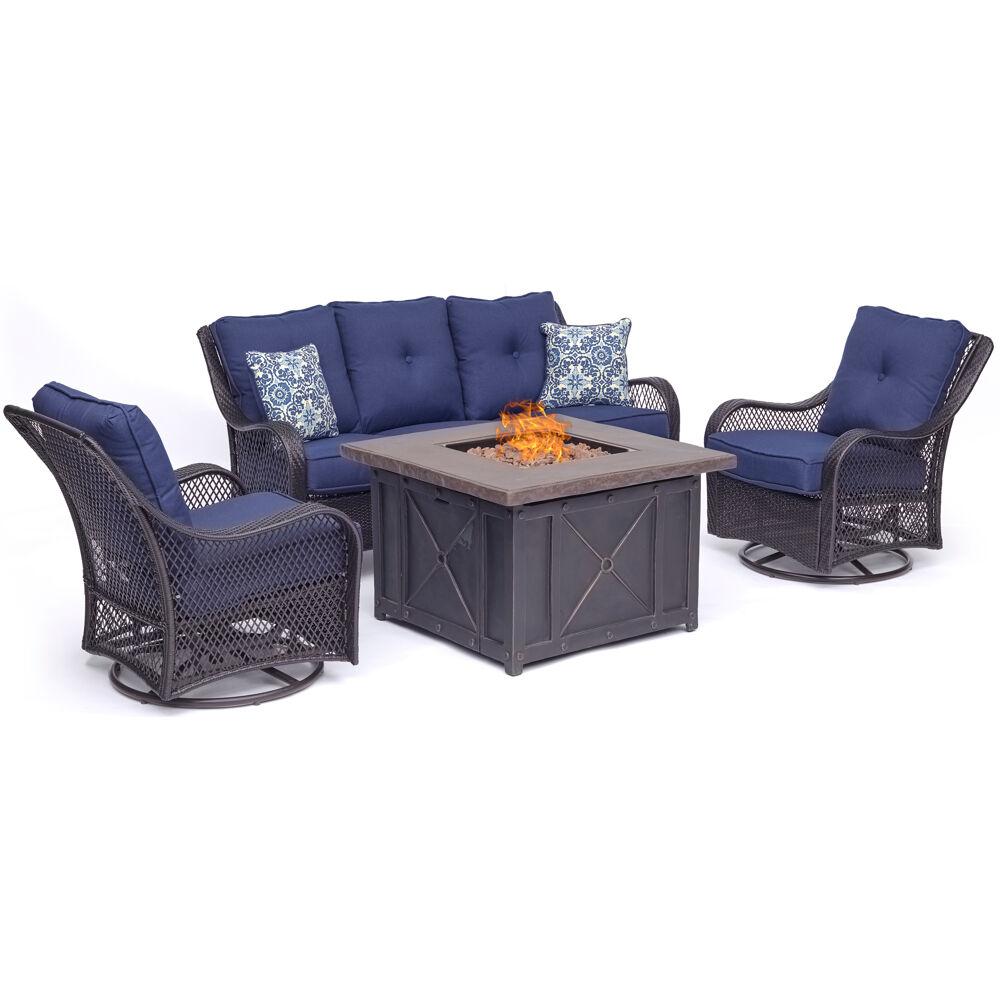 [Copy]4-Piece Woven Steel Patio Fire pit Seating Set with Sahara Sand Cushions, Sofa, Swivel Gliders and Fire pit