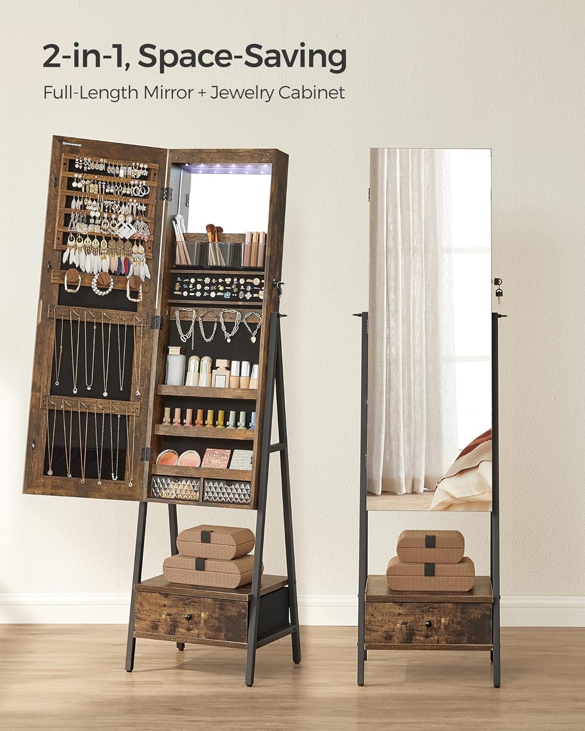 LED Cabinet Standing, Lockable Jewelry Armoire with Full-Length Mirror, Space-Saving Jewelry Organizer with Mirror, Bottom Drawer and Shelf, Gift Idea, Rustic Brown