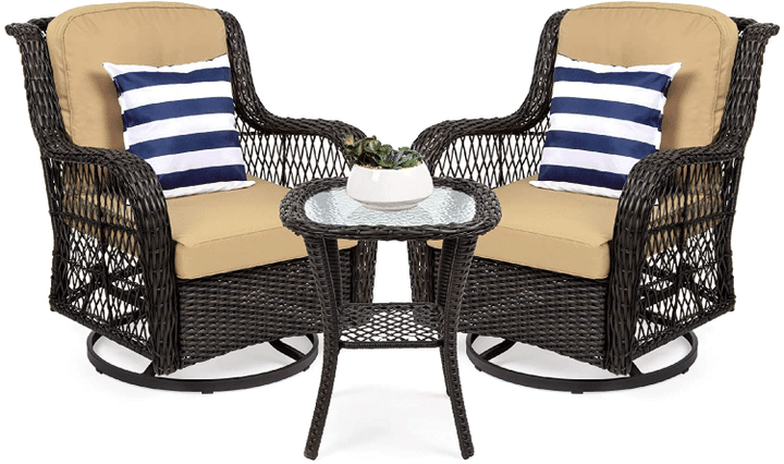 BEST CHOICE PRODUCTS 3-PIECE OUTDOOR WICKER PATIO BISTRO SET W/ 2 360-DEGREE SWIVEL ROCKING CHAIRS