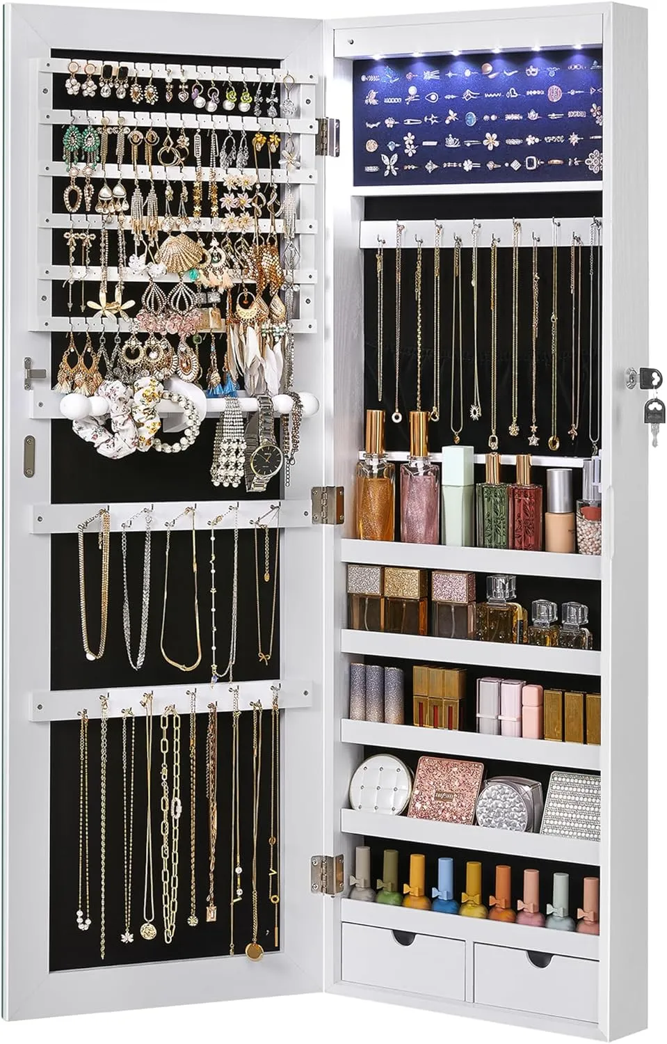 6 LEDs Mirror Jewelry Cabinet, 42.5-Inch Tall Lockable Wall or Door Mounted Jewelry Armoire Organizer with Mirror, 2 Drawers, 3.7 x 14.6 x 42.5 Inches, White