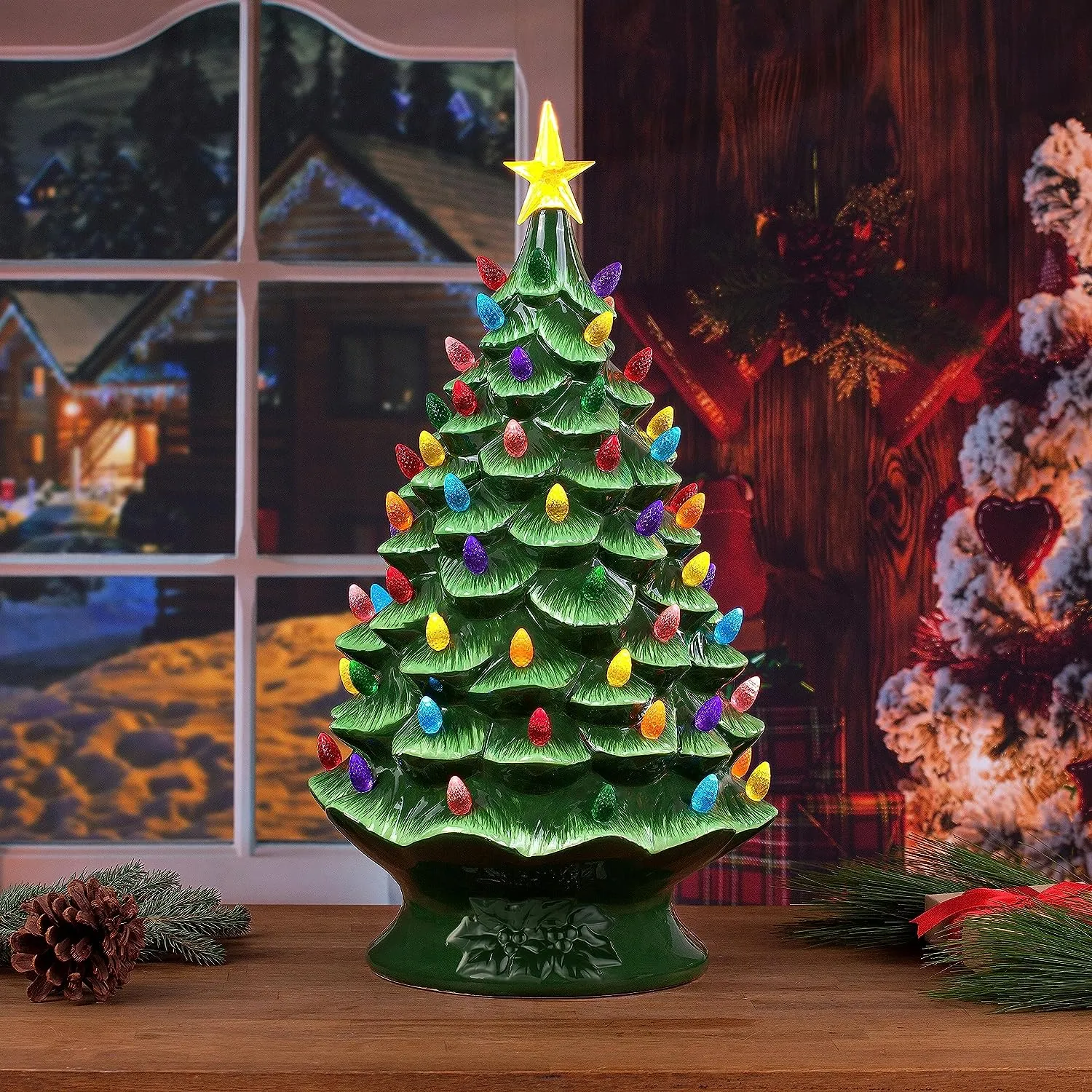Mr. Christmas Nostalgic Ceramic Christmas Tree with LED Lights Indoor Decoration, 24 Inches, Pink