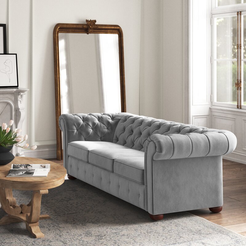 Alena 91.25” Velvet Rolled Arm Chesterfield Sofa