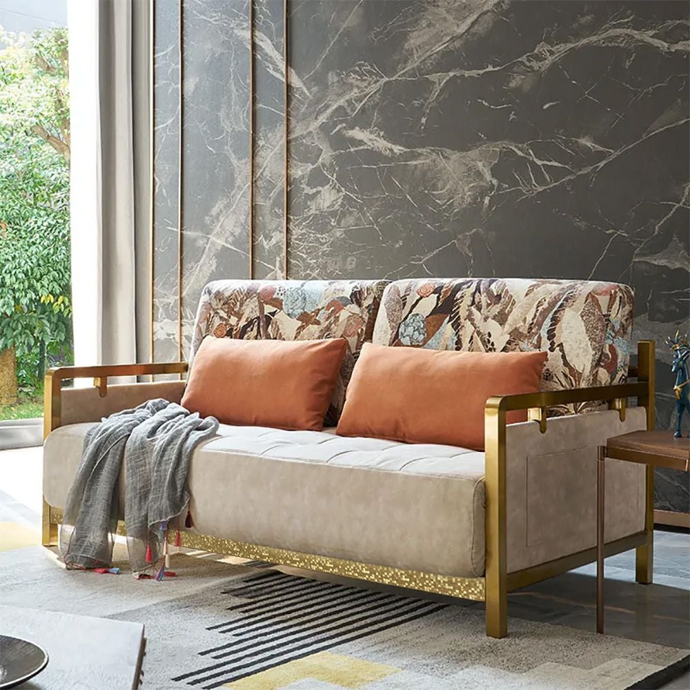 🔥Modern Queen Convertible Sleeper Sofa Gold Metal Beige Upholstered Sofa Bed Pillow