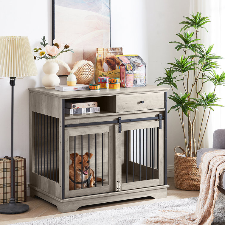 Rustic Grey Furniture Style Dog Crate Dog Cage Kennel Barn Door W/ Drawer Open Shelf
