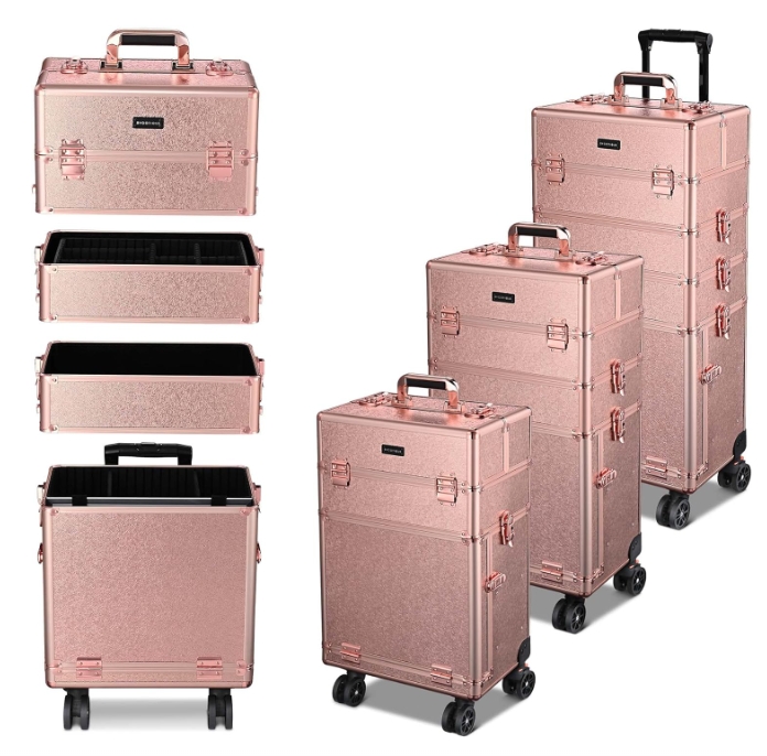 Rolling Makeup Train Case 4in1 Cosmetic Trolley Organizer Travel Case Lockable Salon Barber Case Traveling Cart Trunk with Detachable Removable Wheels for Makeup Artist Nail (Rose Gold)