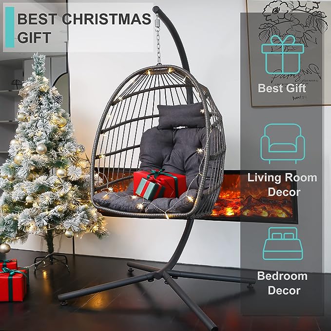 SWITTE Hanging Egg Chair with Stand, Egg Swing Hammock Chair with Stand, Indoor Outdoor Wicker Egg Chair with Cushion Headrest for Patio Bedroom Porch Garden, 350LBS Capacity