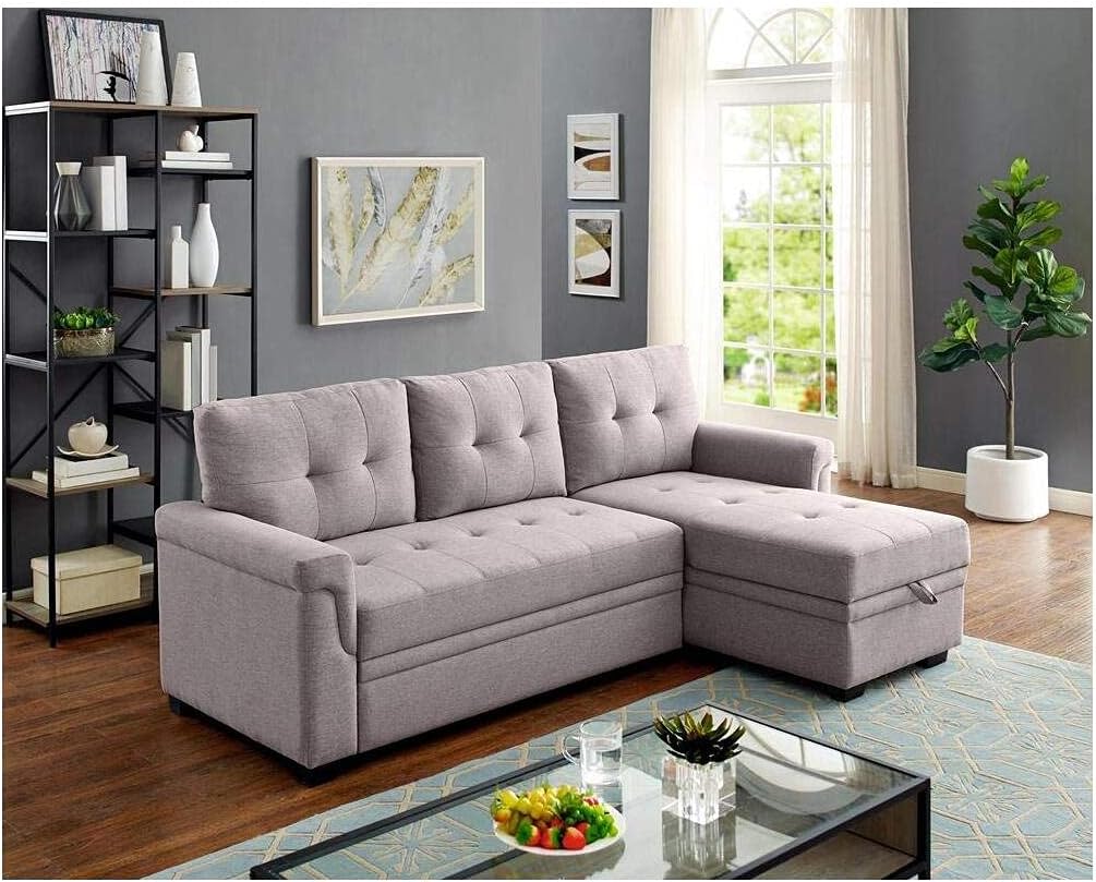 Lilola Home Linen Reversible Sleeper Sectional Sofa with Storage Chaise, Dark. Gray