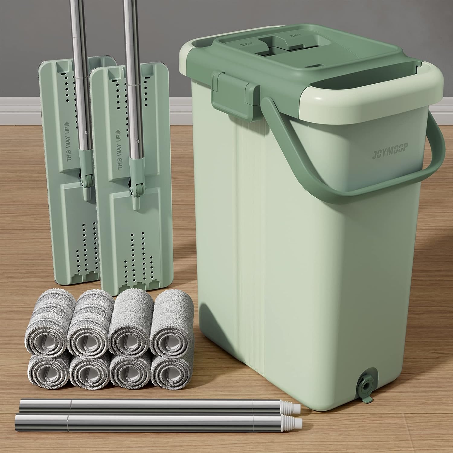 JOYMOOP mop and bucket with Wringer Set, Flat ,for floor cleaning with 3 Microfiber Pads, Wet and Dry Use, Household cleaning Tools, for Hardwood, Laminate, Tile