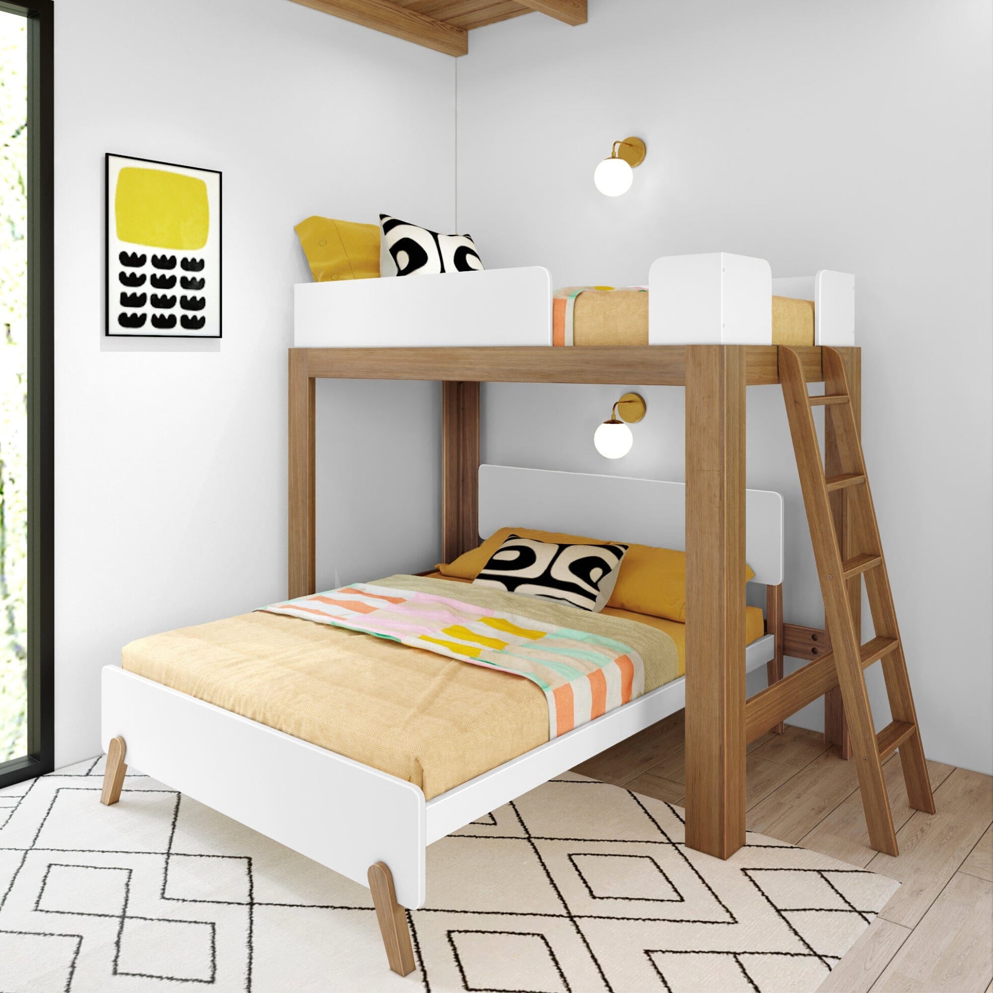 Store Closing SaleMid-Century Modern L-Shaped Twin Over Full Bunk Bed with Ladder on End