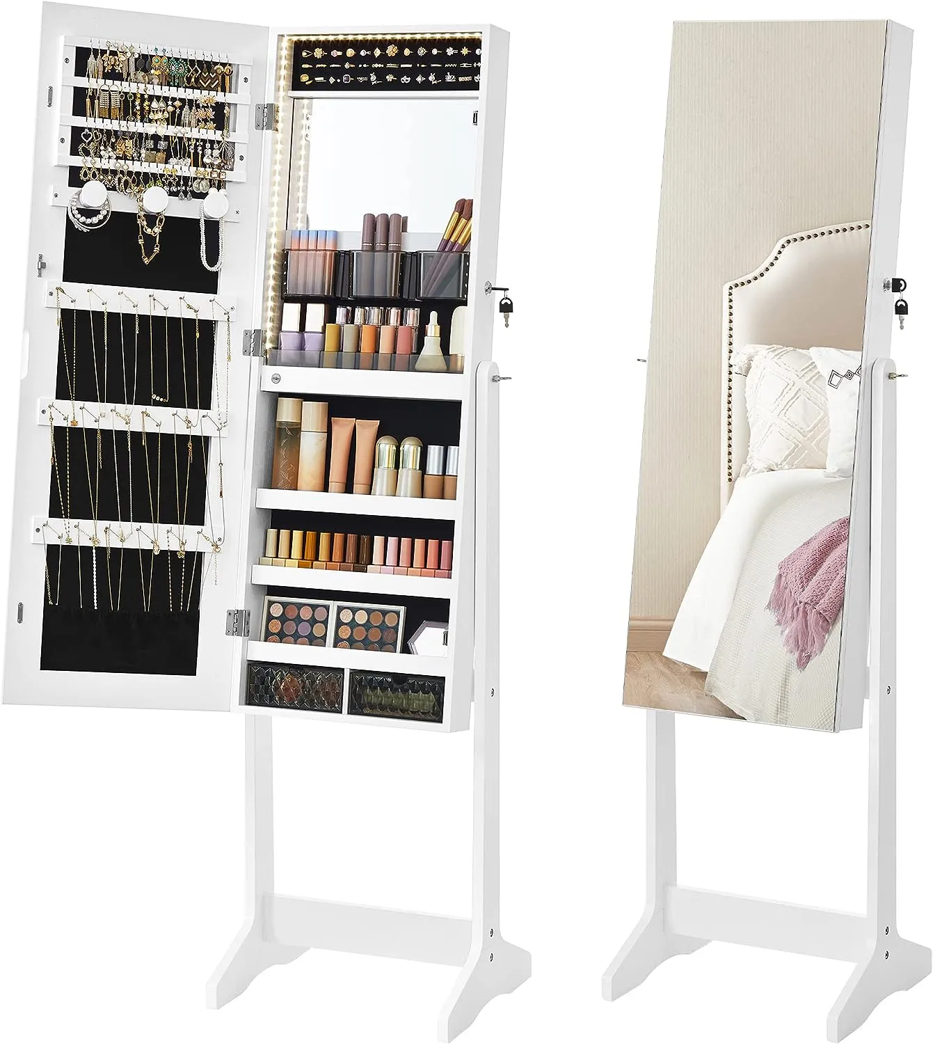 Lockable Jewelry Cabinet Standing with Full-Length Mirror, Space-Saving, Gift Idea, White