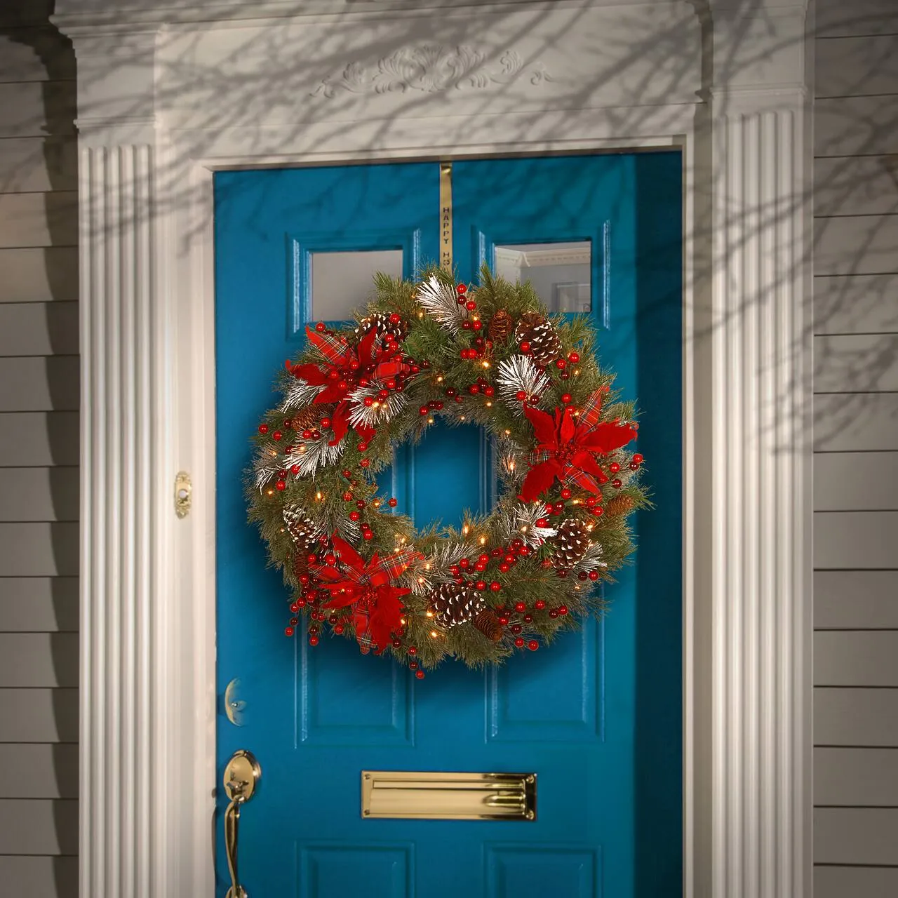 30 Pre-Lit Decorative Collection Cones, Red Berries & Poinsettias Tartan Plaid Wreath With Warm White LED Lights