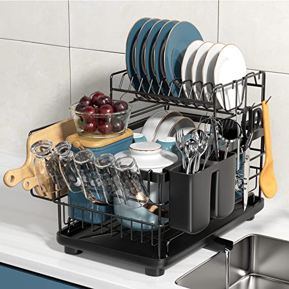 Aonee Dish Drying Rack, 2 Tier Dish Rack with Drainboard, Cutlery Holder, Cutting-Board Holder, Cup Holder and 3 Hooks, Large Dish Racks for Kitchen Counter, Rust-Proof Dish Drainer, Black