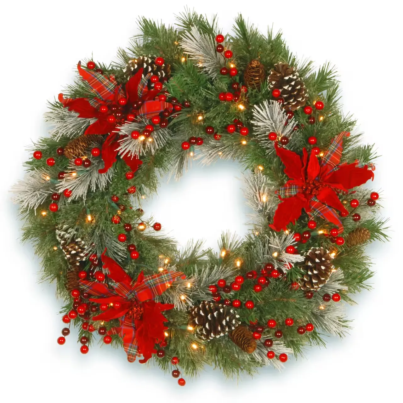 30 Pre-Lit Decorative Collection Cones, Red Berries & Poinsettias Tartan Plaid Wreath With Warm White LED Lights