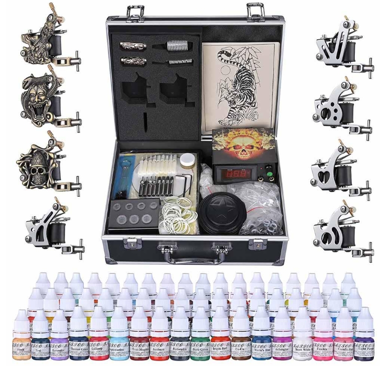8 Tattoo Machine Kit w/ LCD Power Supply 54 Color Inks & Case
