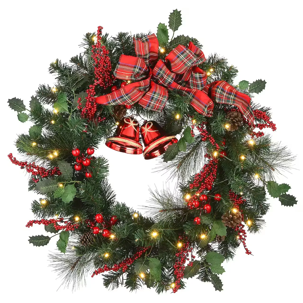 30 LED Berries & Plaid Bow Wreath