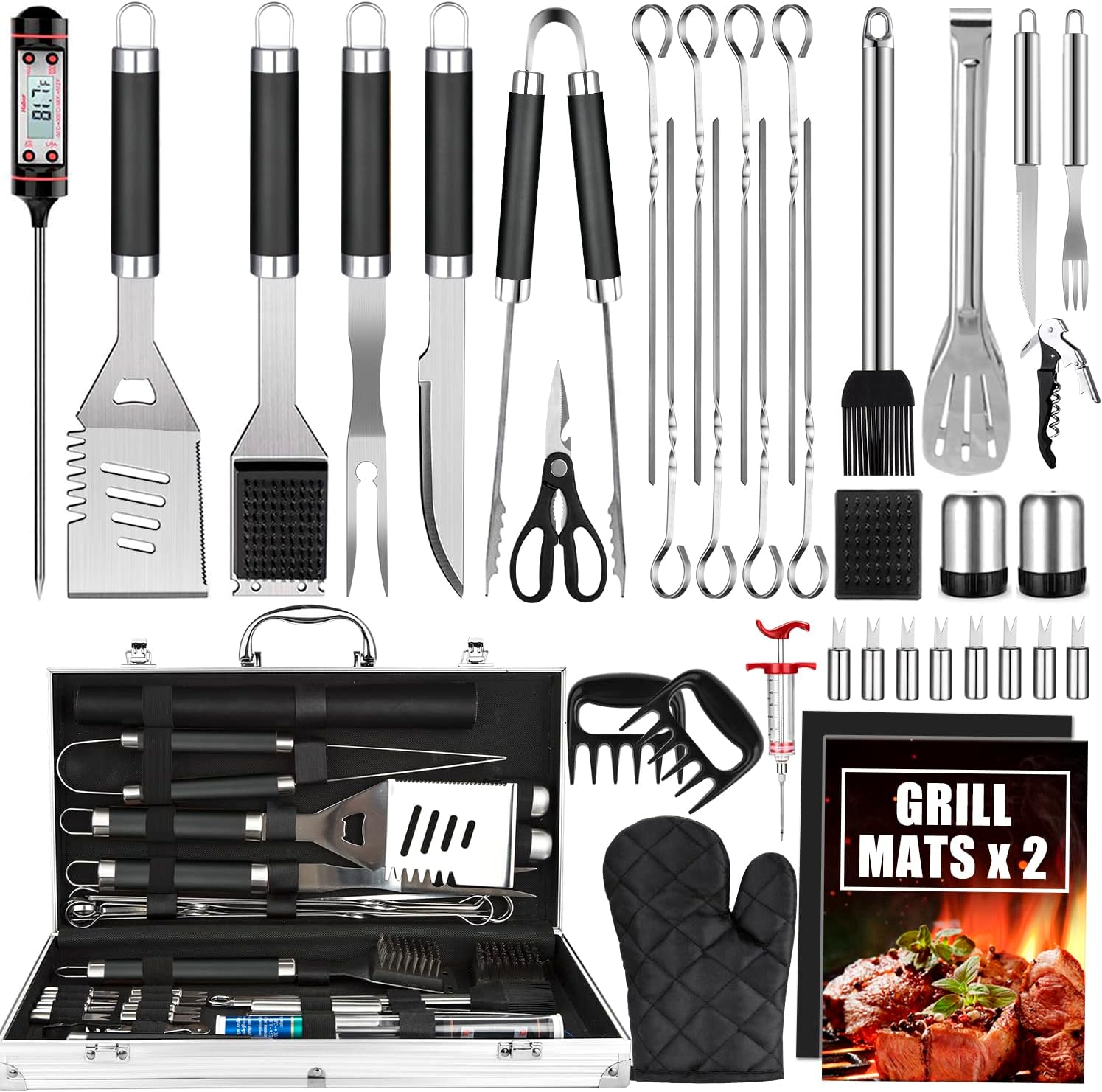 Cifaisi BBQ Grill Accessories Set, 38Pcs Stainless Steel Grill Tools Grilling Accessories with Aluminum Case, Thermometer, Grill Mats for Camping/Backyard Barbecue.
