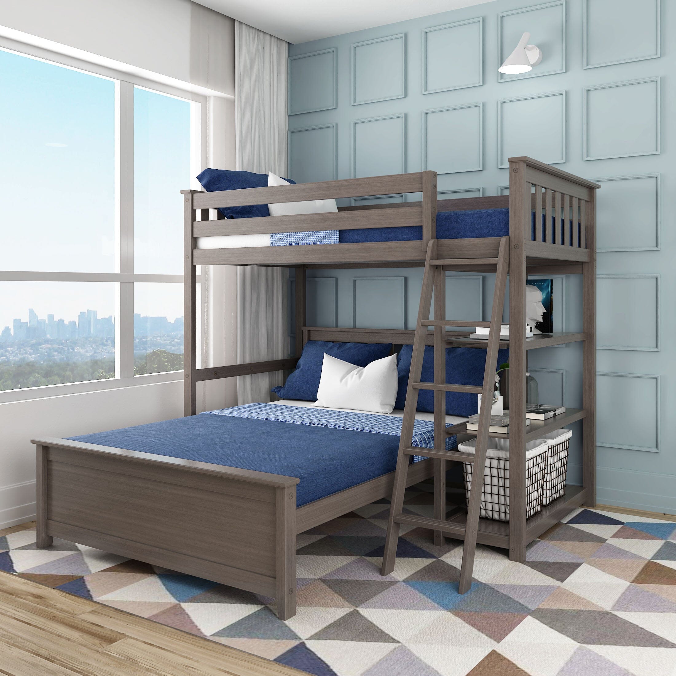 Store Closing SaleKid's L-Shaped Twin Over Full-Size Bunk Bed with Bookcase