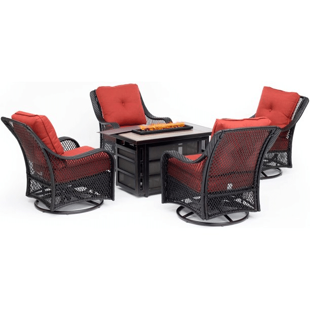 Orleans 5-Piece Steel Patio Fire Pit Conversation Set with Navy Blue Cushions, Swivel Gliders and Square Fire Pit Table