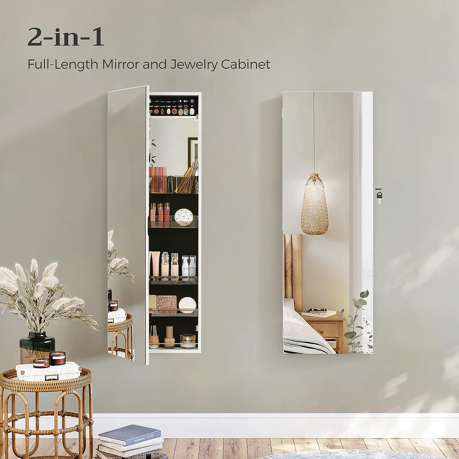 Jewelry Cabinet Armoire, Wall/Door Mount Storage Organizer with Full-Length Frameless Mirror, Lockable Cabinet with Built-in Small Mirror, Shelves, Gift Idea, White