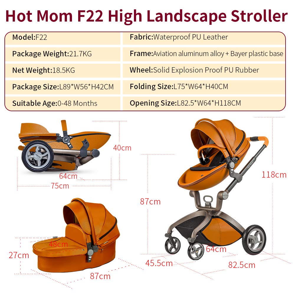 Hot Mom Baby Stroller Baby Carriage with Adjustable Seat Height Angle and Four-Wheel Shock Absorption,Variable Seat,High Landscape and Fashional Pram 2021 Brown