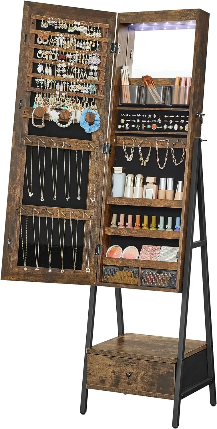LED Cabinet Standing, Lockable Jewelry Armoire with Full-Length Mirror, Space-Saving Jewelry Organizer with Mirror, Bottom Drawer and Shelf, Gift Idea, Rustic Brown