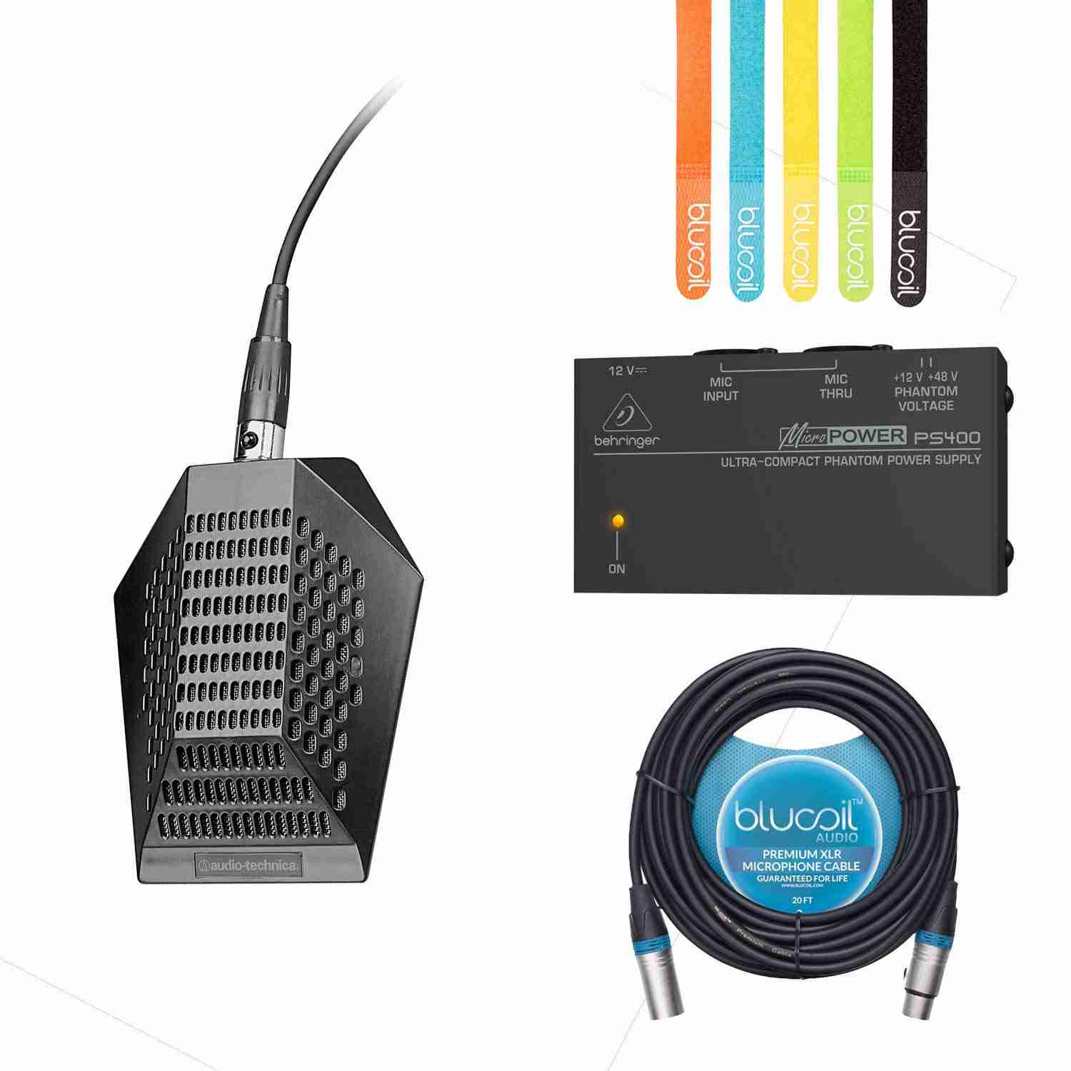 Audio-Technica PRO 44 Condenser Condenser Boundary Microphone -INCLUDES- Behringer MicroPower PS400 Phantom Power Supply Blucoil 20-Ft XLR Cable AND 5-Pack of Cable Ties