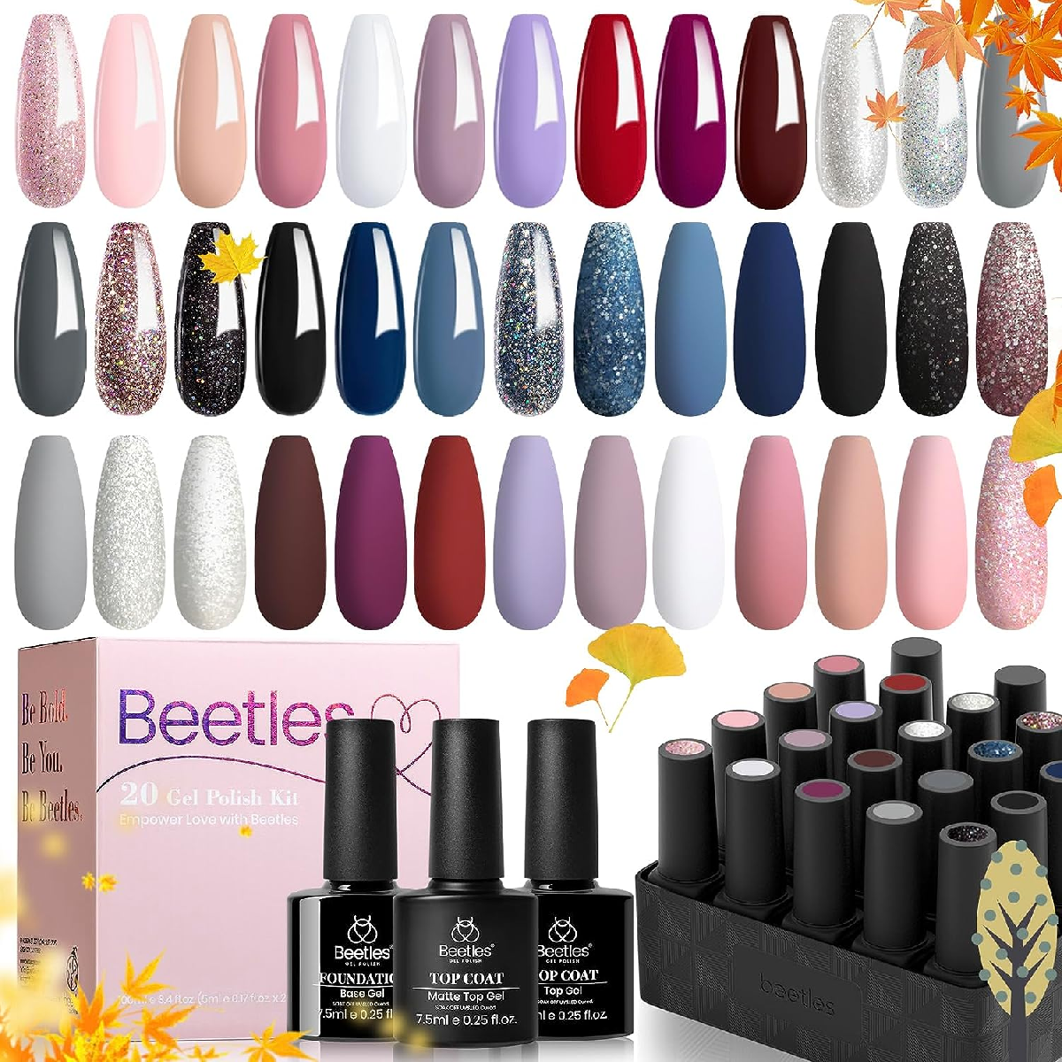 Gel Polish Nail Set 36 Colors Lingering Grace Collection Pink Red Purple Girly Elegant Sparkle Glitter All Seasons Diy Manicure Kit with 3Pcs Base Top Coat