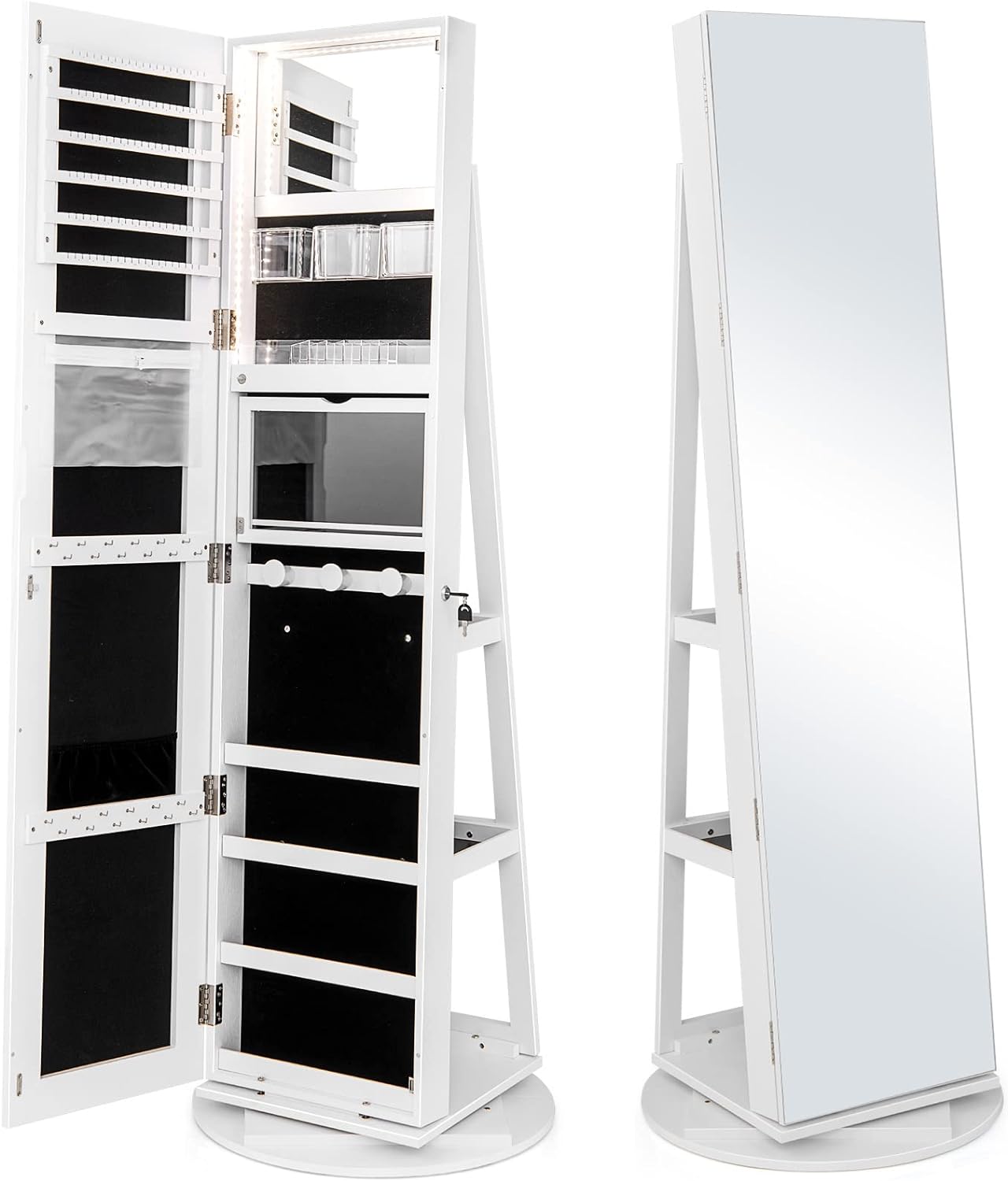 Jewelry Armoire with Full Length Mirror 360° Swivel, 3-Color LED lights, Rear Storage Shelves, Lockable Standing Jewelry Cabinet Organizer with Large Storage Capacity