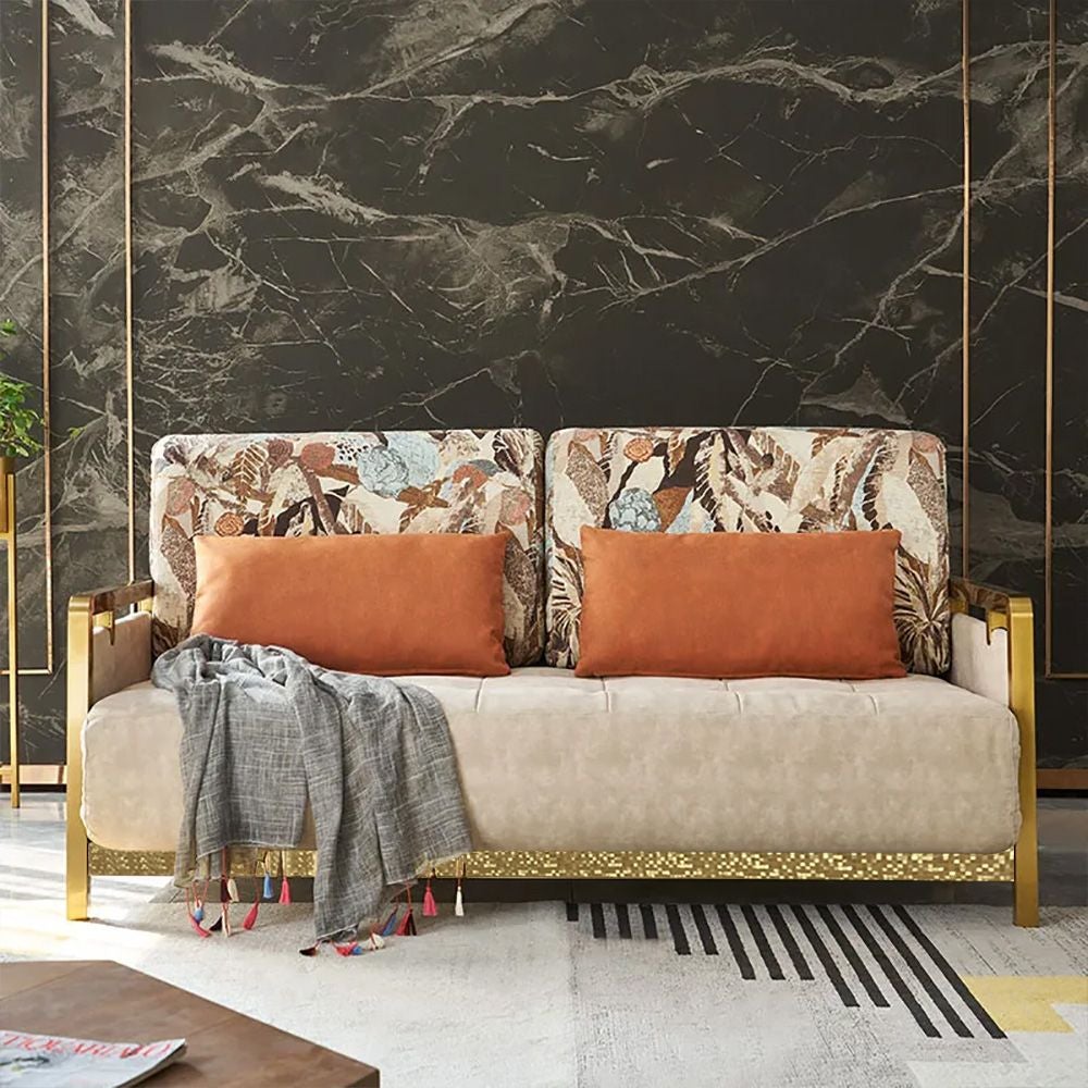 🔥Modern Queen Convertible Sleeper Sofa Gold Metal Beige Upholstered Sofa Bed Pillow
