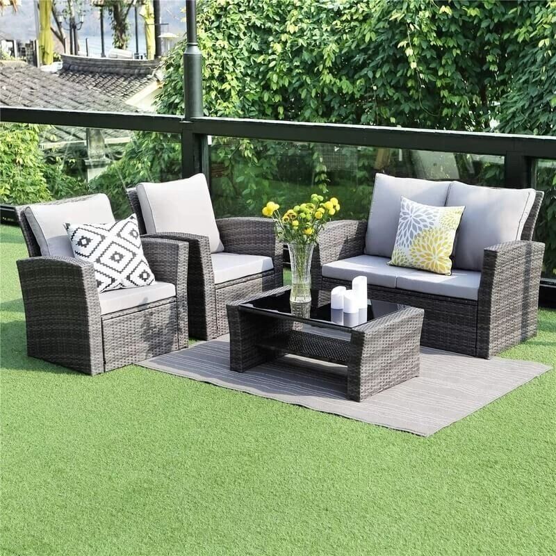 Netherside Patio 4 Piece Rattan Sofa Seating Group with Cushions